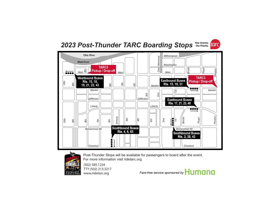 TARC is again increasing service into downtown Louisville and designating five post-event boarding areas for Thunder Over Louisville, held this year on April 22.