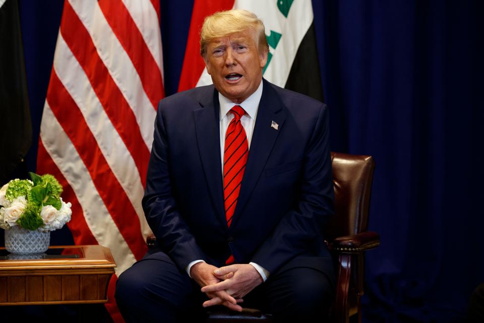 President Donald Trump speaks during a meeting with Iraqi President Barham Salih at the Lotte New York Palace hotel during the United Nations General Assembly,