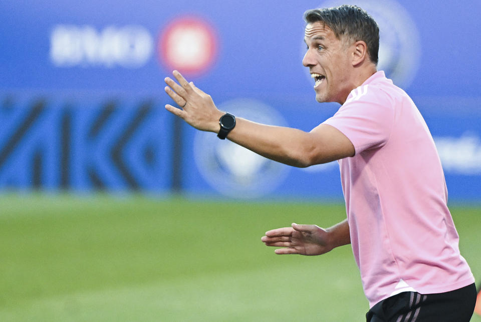 Inter Miami head coach Phil Neville reacts on the sideline during first-half MLS soccer match action against CF Montreal in Montreal, Saturday, May 27, 2023. (Graham Hughes/The Canadian Press via AP)