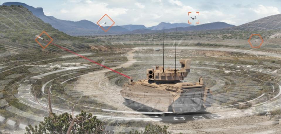 A rendering depicting a Bradley Fighting Vehicle equipped with BAE Systems Terra Raven engaging various threats, including a small drone. <em>BAE Systems</em> A rendering depicting a Bradley Fighting Vehicle equipped with BAE Systems Terra Raven, a soft-kill active protection system with a directional infrared countermeasures system as its effector, engaging various threats, including a small drone. <em>BAE Systems</em>