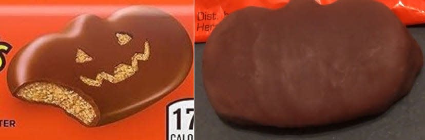 A side-by-side comparison of photos included in Cynthia Kelly's lawsuit against Hershey showing the Reese's Peanut Butter Pumpkin on its packaging (left), and a Reese's Peanut Butter Pumpkin (right).