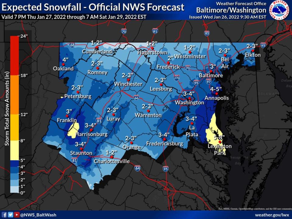 The National Weather Service's official forecast for snow accumulation through Saturday, as of 9:30 a.m. Wednesday forecast.