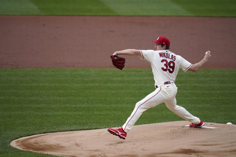 St. Louis Cardinals starting pitcher Miles Mikolas throws during the first inning of a baseball game against the Chicago Cubs Saturday, May 22, 2021, in St. Louis. (AP Photo/Jeff Roberson)