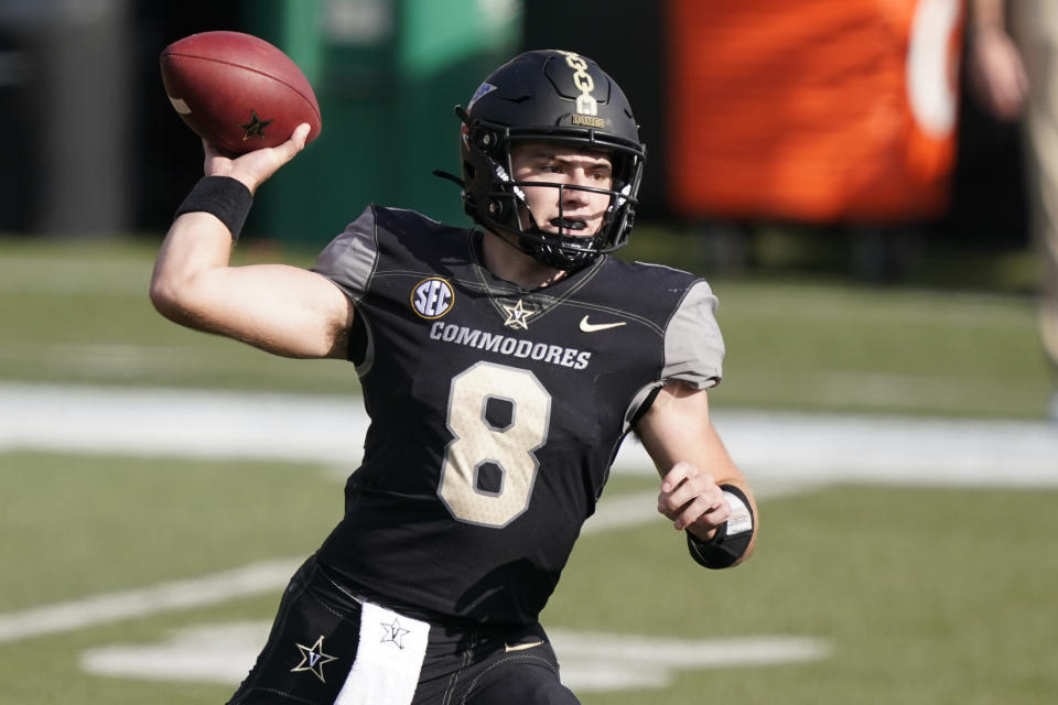 Vanderbilt quarterback Ken Seals (8) passes against the Florida in the second half of an NCAA college football game Saturday, Nov. 21, 2020, in Nashville, Tenn. (AP Photo/Mark Humphrey)