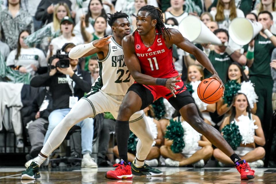 Michigan State's Mady Sissoko, left, guards Rutgers' Clifford Omoruyi during the first half on Thursday, Jan. 19, 2023, at the Breslin Center in East Lansing.