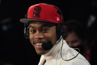 Scottie Barnes answers questions during an interview after being selected fourth overall by the Toronto Raptors during the first round of the NBA basketball draft, Thursday, July 29, 2021, in New York. (AP Photo/Corey Sipkin)