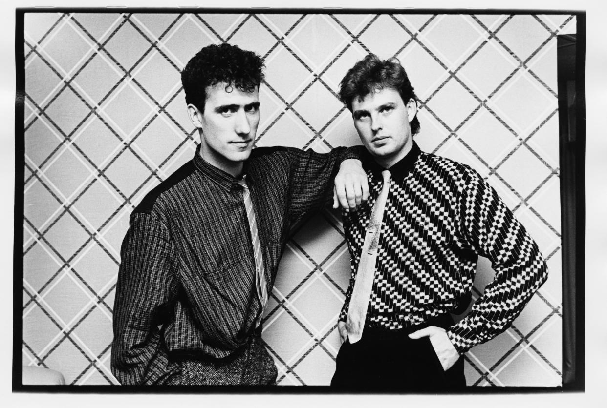 Andy McCluskey  and Paul Humphreys of Orchestral Manoeuvres in the Dark, 1984. (Photo: Virginia Turbett/Redferns/Getty Images)