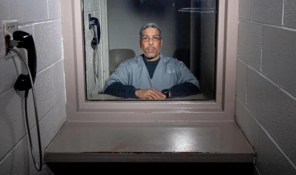 Leonard Taylor, a prisoner on Missouri’s death row, poses for a photo at the Potosi Correctional Center on Wednesday, Jan. 18, 2023, in Mineral Point, Mo. Taylor allegedly killed his girlfriend and three children in 2004, but his attorneys have presented new statements that they say proves his innocence.