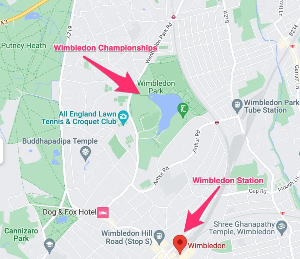 A map showing the location of Wimbledon Station and Centre Court.