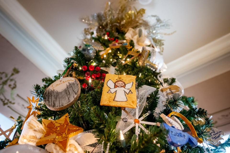 A Christmas Tree at the Louisiana Governors Mansion is decorated with ornaments created by students and teachers from around the state.   Wednesday, Dec. 8, 2021.