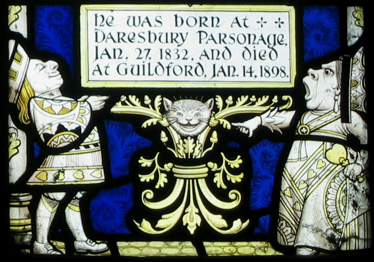 Stained glass designed by Geoffrey Webb depicts Lewis Carroll's characters in All Saints Church in Daresbury, Cheshire, England. <a href="https://commons.wikimedia.org/wiki/File:Daresbury_window_5.jpg" rel="nofollow noopener" target="_blank" data-ylk="slk:Peter I. Vardy/Wikimedia Commons;elm:context_link;itc:0;sec:content-canvas" class="link ">Peter I. Vardy/Wikimedia Commons</a>