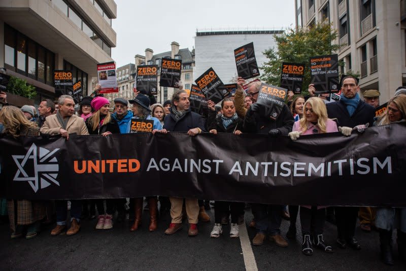 LONDON, 2023: Protesters march through central London to Parliament Square at a demonstration against antisemitism, less than two months after the Hamas attacks of Oct. 7<span class="copyright">Krisztian Elek—SOPA Images/LightRocket/Getty Images</span>
