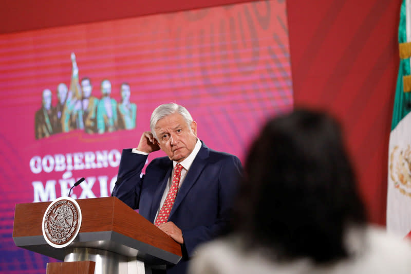 Mexico's President Andres Manuel Lopez Obrador gestures as he answers questions during his daily news conference at National Palace in Mexico City, Mexico February 14, 2020. REUTERS/Carlos Jasso