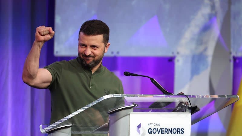 Ukrainian President Volodymyr Zelenskyy gestures to the crowd as he’s introduced during the National Governors Association’s 2024 Summer Meeting held at The Grand America Hotel in Salt Lake City on Friday, July 12, 2024.