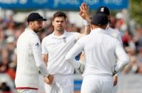 Britain Cricket - England v Sri Lanka - Second Test - Emirates Durham ICG - 28/5/16 England's James Anderson celebrates with team mates after taking the wicket of Sri Lanka's Dinesh Chandimal Action Images via Reuters / Jason Cairnduff Livepic EDITORIAL USE ONLY.