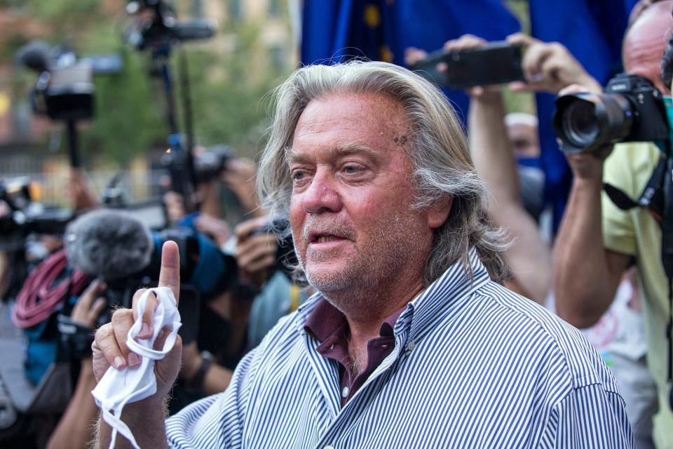 In this Aug. 20, 2020, file photo, President Donald Trump's former chief strategist, Steve Bannon, speaks with reporters in New York after pleading not guilty to charges that he ripped off donors to an online fundraising scheme to build a southern border wall. Trump is expected to pardon Bannon, Wednesday, Jan. 20, 2021, as part of a flurry of last-minute clemency action that appears to be still in flux in the last hours of his presidency. 