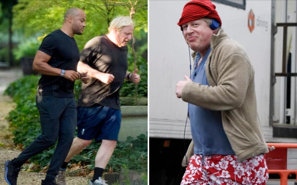 Boris Johnson on a jog this week, in stark contrast to his ensemble (and silhouette) three years ago - Jeremy Selwyn/ STEVE BACK