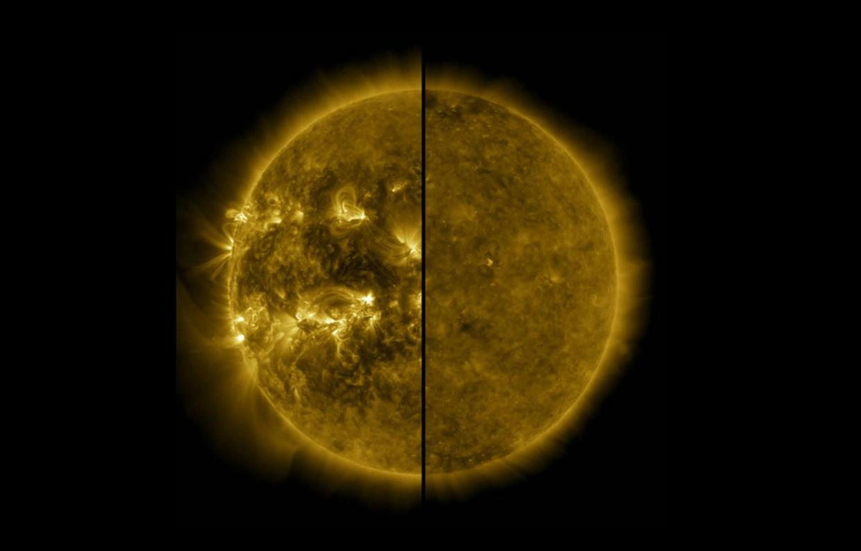 Esta imagen dividida muestra la diferencia entre un Sol activo durante el máximo solar en abril de 2014(izquierda) y un Sol tranquilo durante el mínimo solar de diciembre de 2019(derecha) | Imagen NASA/SDO