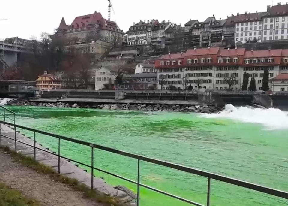 The River Aare in and around the Swiss capital of Bern was coloured green. Source: CEN/Australscope