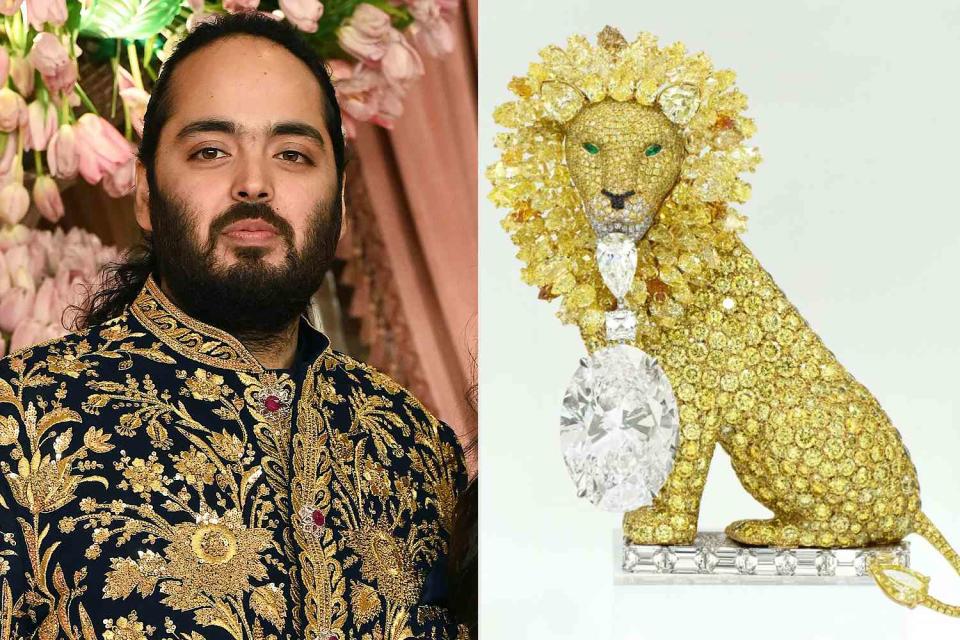 <p>SUJIT JAISWAL/AFP via Getty; Lorraine Schwartz/Instagram</p> Anant Ambani and the lion brooch