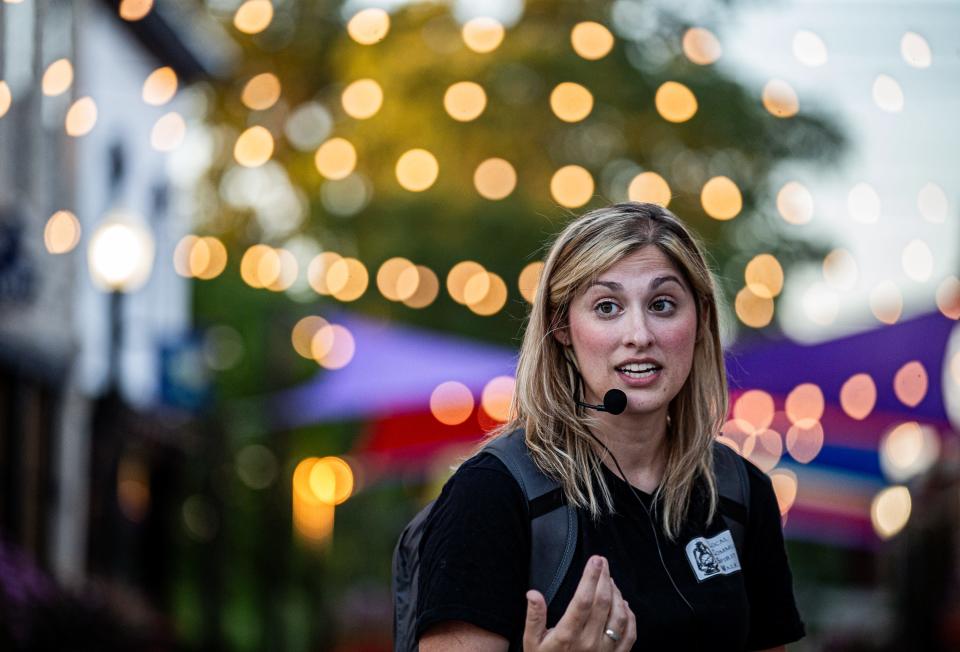 Paranormal Researcher Caitlin Zoeller led a Shelbyville Ghost Tour group to haunted locations down Main St. in downtown Shelbyville, Ky. Aug. 30, 2023