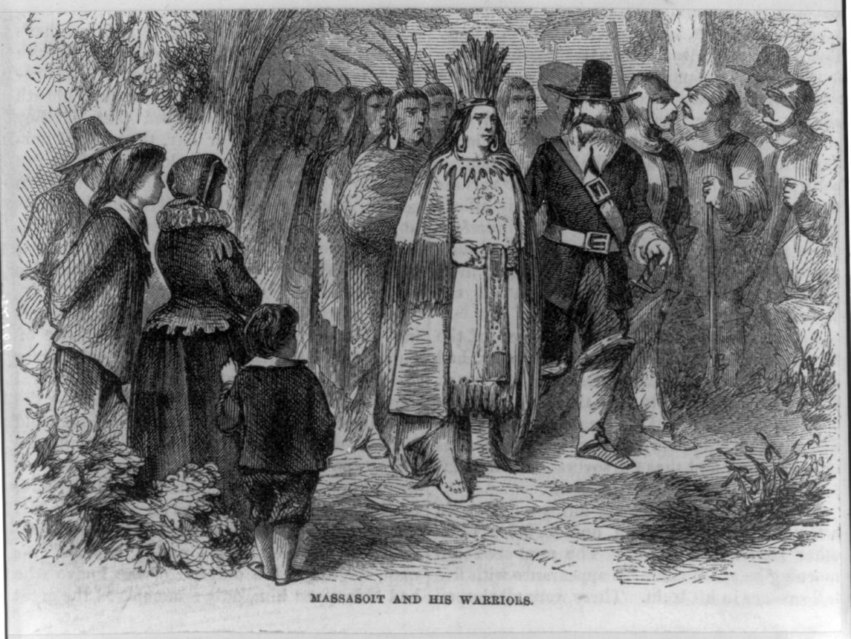 This sketch depicts a meeting between Massasoit, grand sachem of the Wampanoag, and Pilgrim leader Gov. William Bradford. The pair negotiated an agreement that allowed the Pilgrims to settle in Patuxet, now Plymouth.