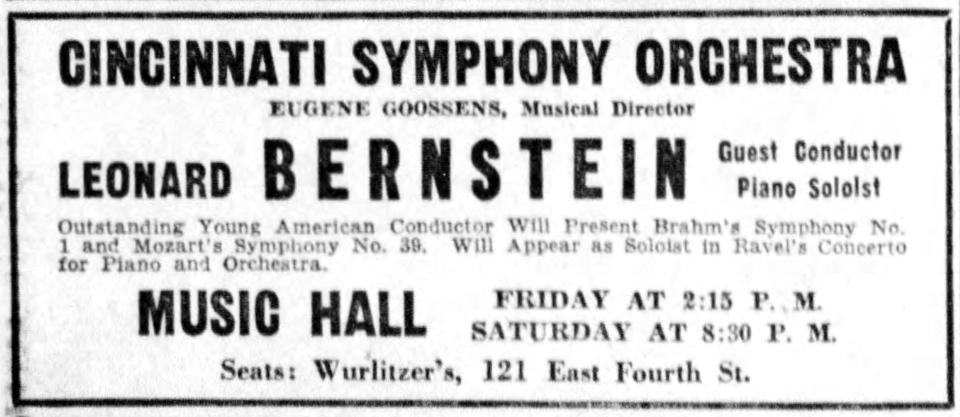 An ad for Cincinnati Symphony Orchestra concerts conducted by Leonard Bernstein, from The Cincinnati Enquirer, Nov. 2, 1945.