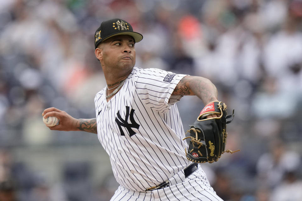 New York Yankees' Luis Gil pitches during the first inning of a baseball game against the Chicago White Sox, Saturday, May 18, 2024, in New York. (AP Photo/Frank Franklin II)