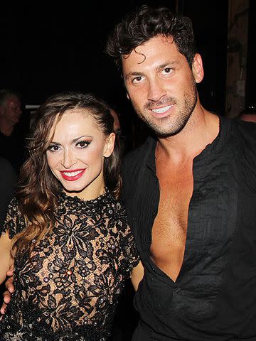 Bruce Glikas/FilmMagic Karina Smirnoff and Maksim Chmerkovskiy pose backstage at the first performance at 'Forever Tango' on Broadway on July 9, 2013