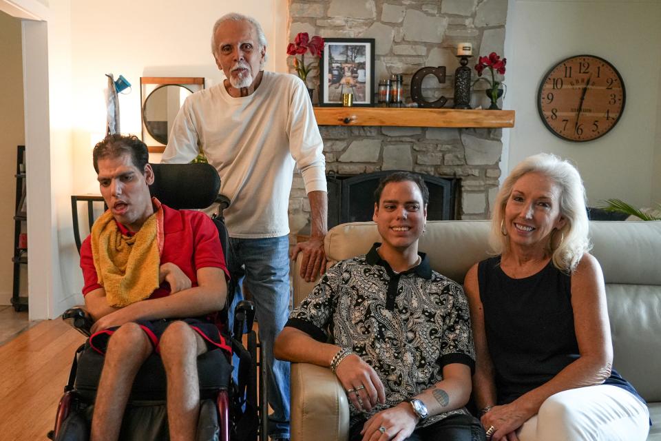 From right, Phyllis Campos, Casey Campos, René Campos, and Cody Campos in their West Austin home on Oct. 13, 2023.