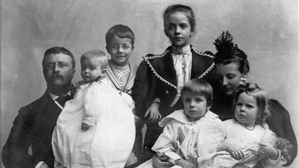 Theodore Roosevelt with his second wife, Edith Carow Roosevelt, and his first five children in the mid-1890s. - FPG/Getty Images