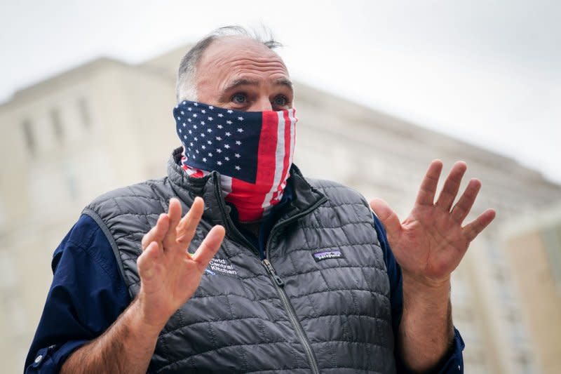 José Andrés, celebrity chef and CEO of Think Food Group, speaks to reporters before Vice President-elect Kamala Harris visits DC Central Kitchen, in Washington, in 2020. File Photo by Kevin Dietsch/UPI