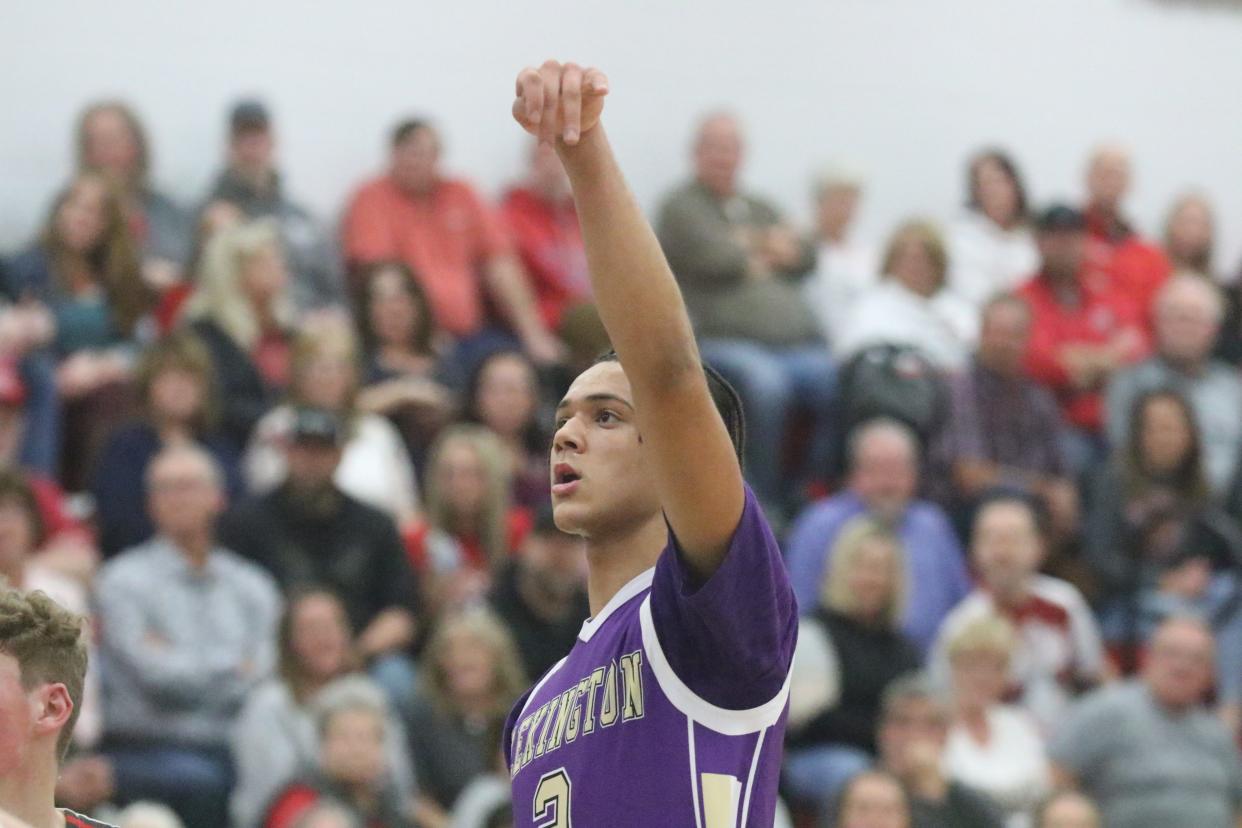 Lexington's Brayden Fogle shoots a free throw during a game at Shelby during the 2022-23 season.