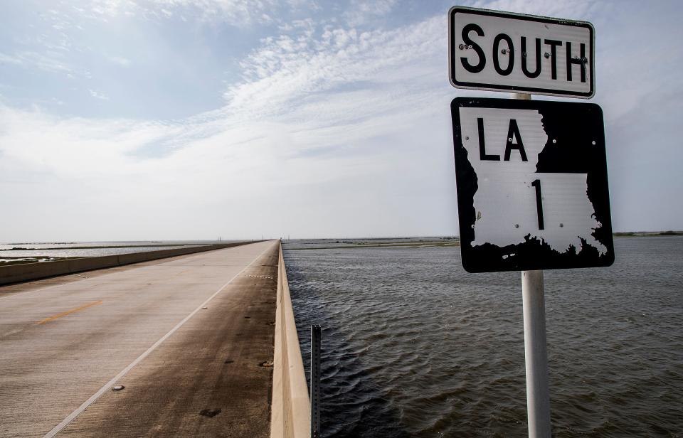 A raised section of La. 1 that runs to Port Fourchon is seen Oct. 9, 2020, as Hurricane Delta approaches the Louisiana coast.