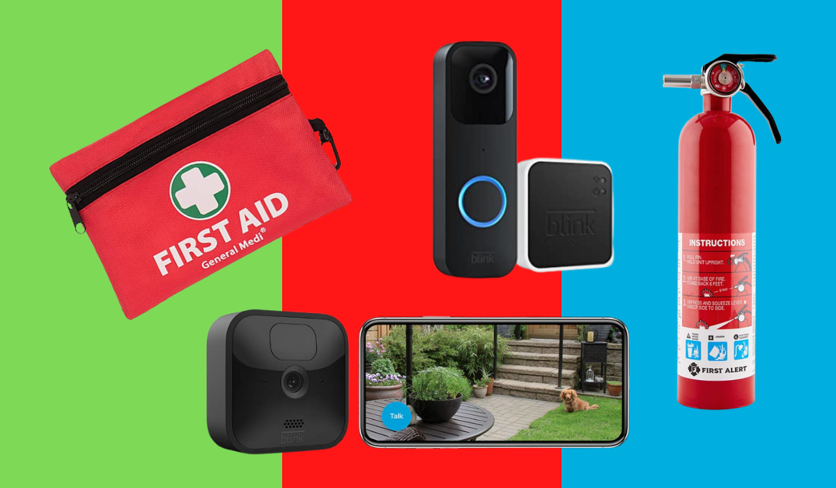 First aid kit, Blink doorbell, Blink outdoor camera, and fire extinguisher.