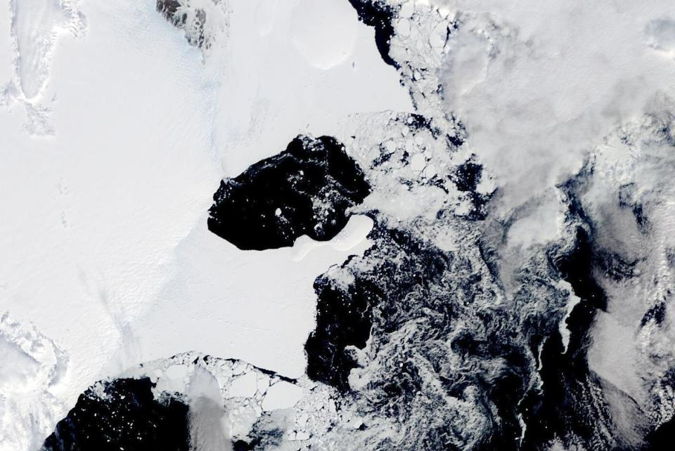 This satellite image provided by NASA, Terra MODIS 22 on February 2022 shows The Conger/Glenzer (Bowman Island) ice shelf and associated fast ice pre-collapse. Scientists are concerned because an ice shelf the size of New York City collapsed in East Antarctica, an area that had long been thought to be stable. The collapse last week was the first time scientists have ever seen an ice shelf collapse in this cold area of Antarctica.(NASA via AP)