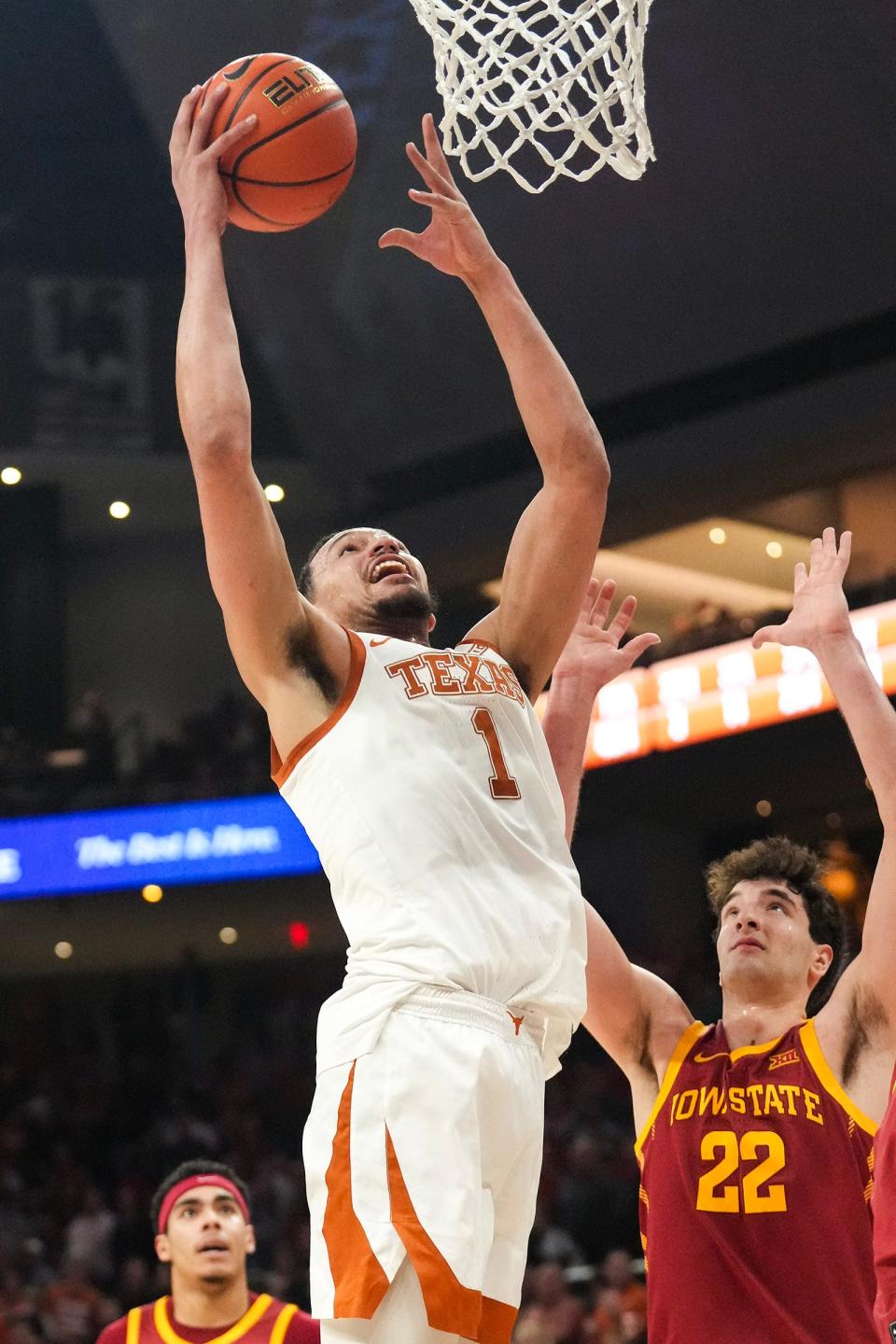 Texas forward Dylan Disu goes up for a basket against Iowa State on Tuesday at Moody Center. He scored 28 points, but the Longhorns couldn't overcome a slow start in a 70-65 loss.
