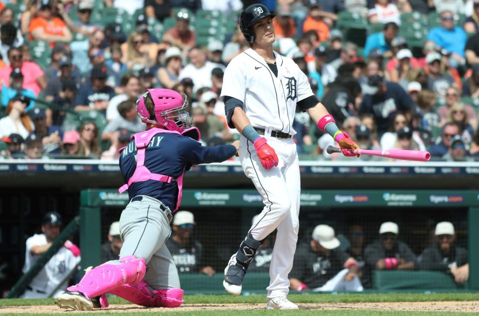 Detroit Tigers DH Nick Maton (9) strikes out against against Seattle Mariners relief pitcher Trevor Gott (30) during sixth-inning action at Comerica Park in Detroit on Sunday, May 14, 2023.