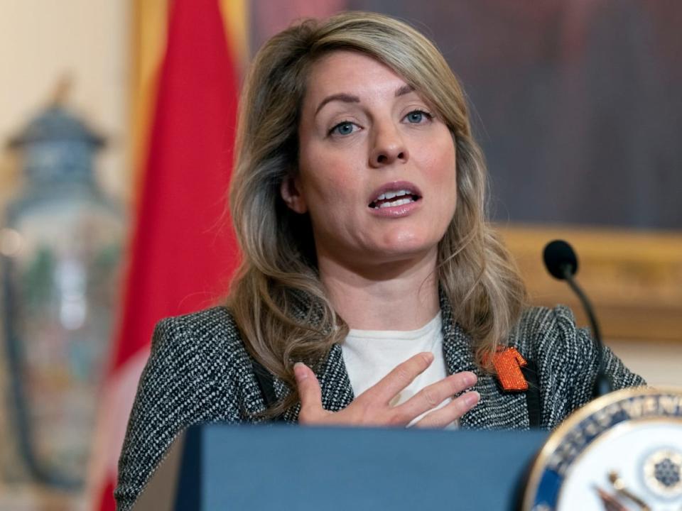 Mélanie Joly, Canada's foreign affairs minister, speaks during a news conference with U.S. Secretary of State Antony Blinken on Friday at the State Department in Washington, D.C. Joly will announce a list of sanctions against Iranian individuals and entities on Monday. (Jacquelyn Martin/The Associated Press - image credit)