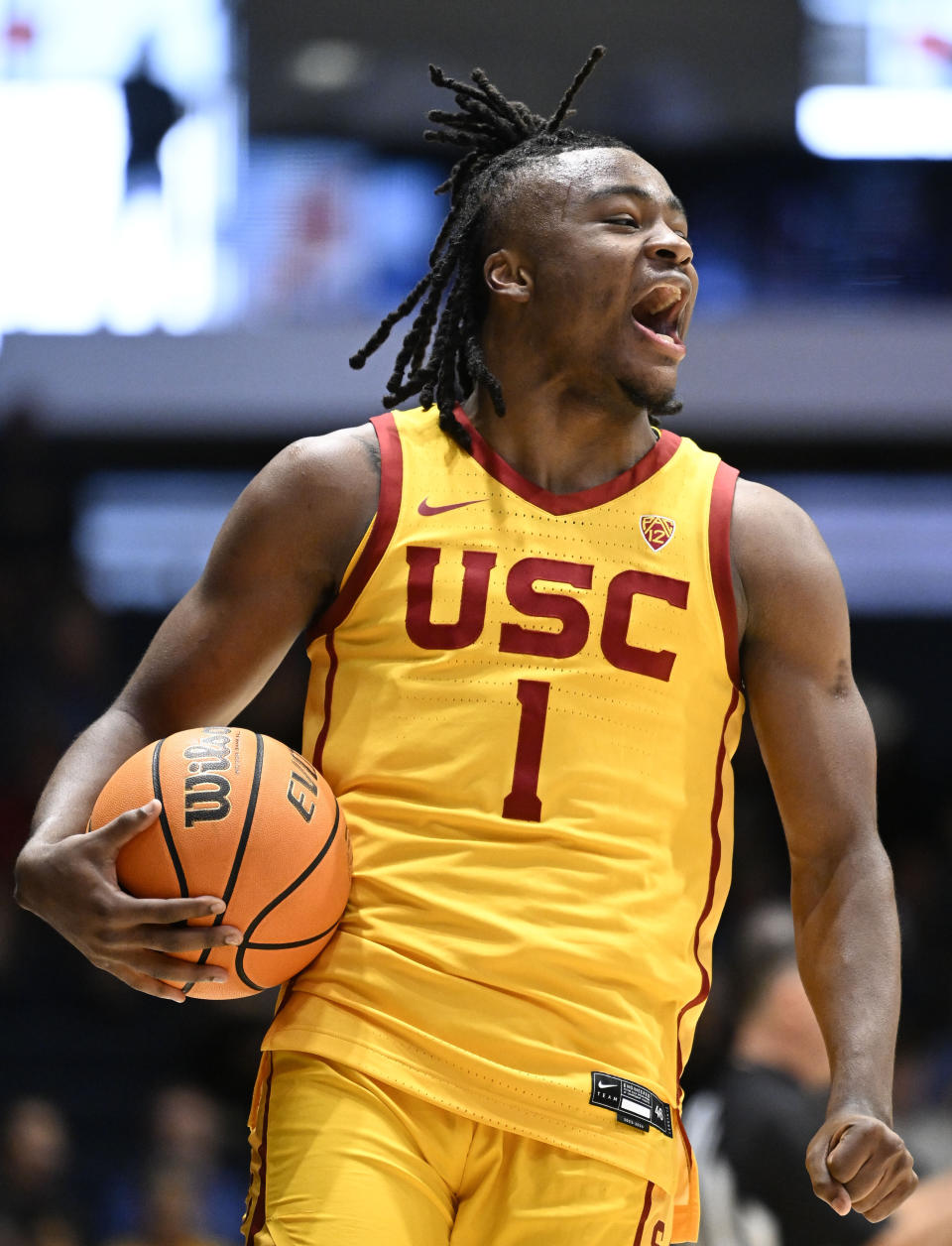 Southern California guard Isaiah Collier reacts after being fouled during the first half of an NCAA college basketball game against Seton Hall, Thursday, Nov. 23, 2023, in San Diego. (AP Photo/Denis Poroy)