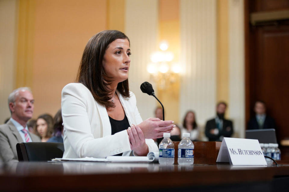 Cassidy Hutchinson, former aide to Trump White House chief of staff Mark Meadows, speaks during a hearing of the Select Committee to Investigate the January 6th Attack on the US Capitol, on June 28, 2022.  / Credit: Al Drago/Bloomberg via Getty Images