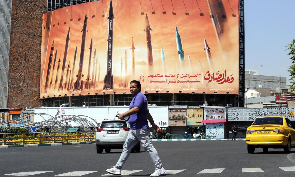 <span>Anti-Israel billboards in Tehran following explosions around the central Iranian city of Isfahan.</span><span>Photograph: Abedin Taherkenareh/EPA</span>