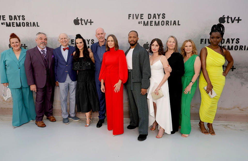 (L-R) Sharron Matthews, William Earl Brown, Robert Pine, Molly Hager, Michael Gaston, Vera Farmiga, Cornelius Smith Jr., Julie Ann Emery, Cherry Jones, Monica Wyche and Adepero Oduye attend the Apple TV+ limited series "Five Days At Memorial" red carpet event at Directors Guild Of America on August 08, 2022 in Los Angeles, California.