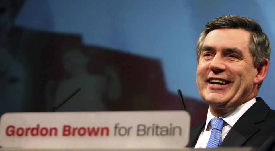 FILE - In this Sunday, June 24, 2007 file photo, Gordon Brown speaks on stage at a special Labour leadership conference in Manchester, England. Britain is facing the most testing and significant, some would say tortuous, period in its modern history since World War II. The polarized electorate now has a critical choice to make _but it seems unlikely the result, whatever it may be, will heal deep and toxic divisions that could last a generation or more. (AP Photo/Simon Dawson, File)