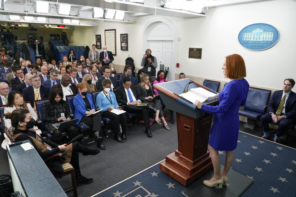 FILE - White House press secretary Jen Psaki speaks during a press briefing at the White House, April 1, 2022, in Washington. Psaki, whose last day on the job is Friday, has answered reporters' questions nearly every weekday of the almost 500 days that Biden has been in office. That makes her a top White House communicator and perhaps the administration's most public face, behind only the president and Vice President Kamala Harris. (AP Photo/Patrick Semansky, File)