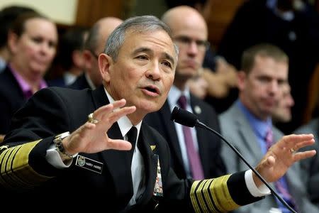 FILE PHOTO: The Commander of the U.S. Pacific Command, Admiral Harry Harris, testifies before a House Armed Services Committee hearing on "Military Assessment of the Security Challenges in the Indo-Asia-Pacific Region" on Capitol Hill in Washington, U.S, April 26, 2017. REUTERS/Yuri Gripas/File Photo