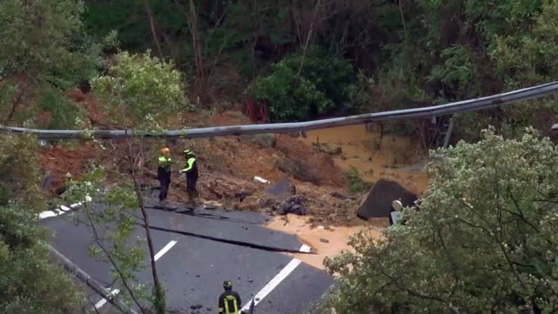 View of portion of a motorway bridge linking Savona to Turin collapsed after a landslide in Savona