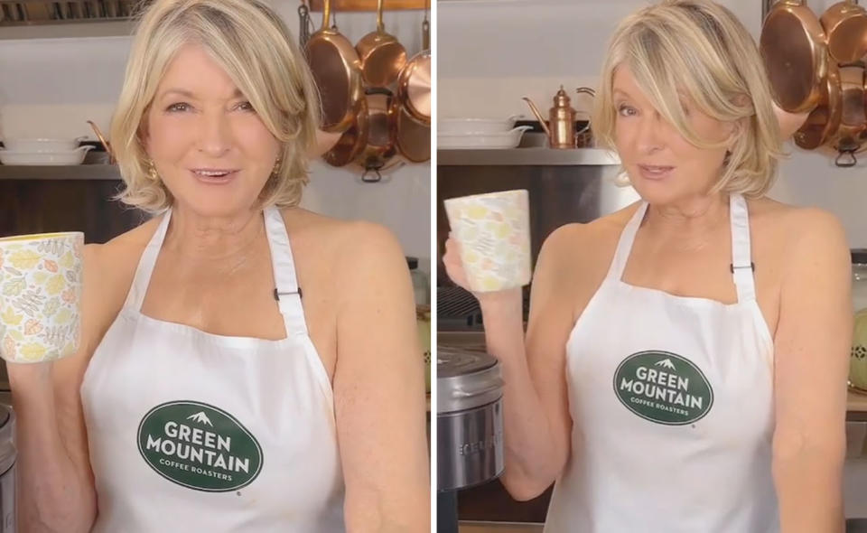 Two photos of Martha Stewart wearing nothing but a Green Mountain Coffee apron, and holding a cup of coffee