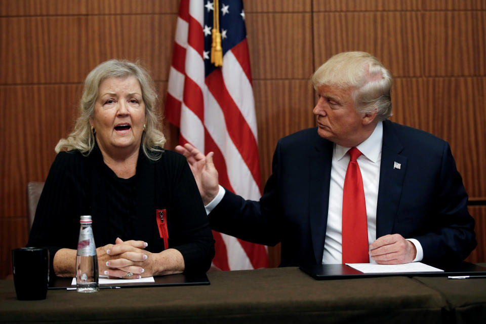 Juanita Broaddrick, who&nbsp;says that Bill Clinton raped her in 1975,&nbsp;sits with then-presidential candidate Donald&nbsp;Trump at a&nbsp;news conference on Oct. 9, 2016,&nbsp;shortly before his presidential debate with Hillary Clinton. (Photo: Mike Segar / Reuters)