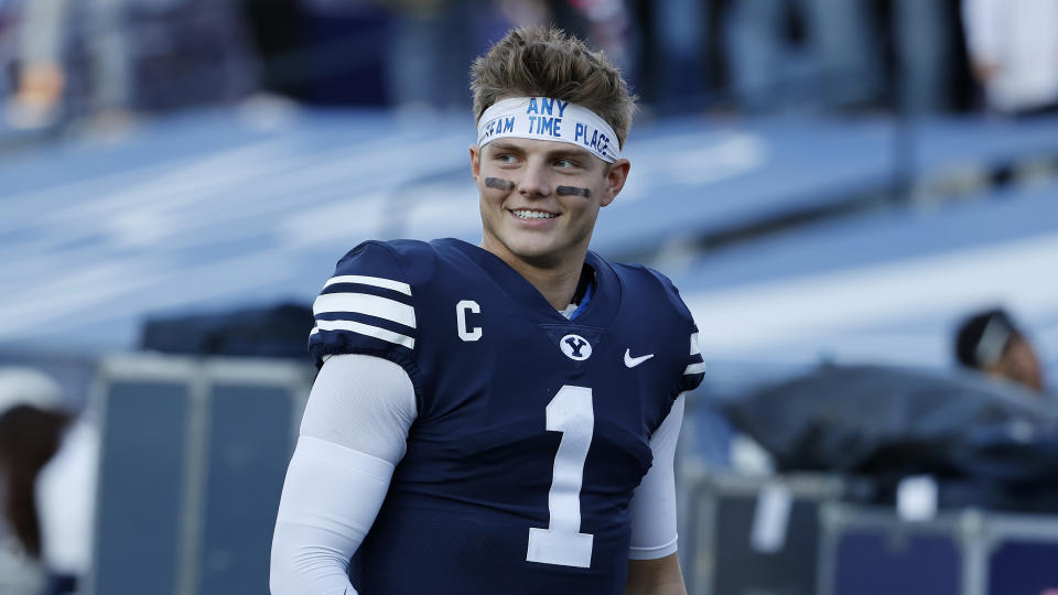 BYU quarterback Zach Wilson (1) reacts after their win against North Alabama in an NCAA college football game Saturday, Nov. 21, 2020, in Provo, Utah. (AP Photo/Jeff Swinger, Pool)